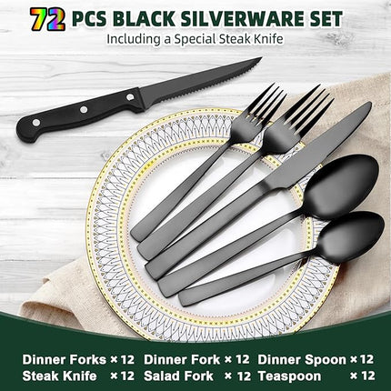 72-Piece Stainless Steel Black Silverware Set - CEKEE Flatware Kitchen Utensils Set, Cutlery Set for Home & Restaurant, Premium Knife Fork Spoon Set with Steak Knives, Heavy Duty & Dishwasher Safe
