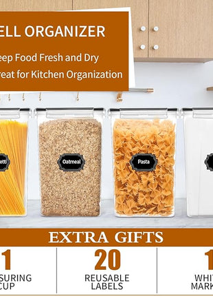 4 Pack Extra Large Airtight Food Storage Containers with Lids (6.5L / 220 oz), BPA Free Plastic Kitchen and Pantry Organization Contianers for Cereal Flour and Sugar Storage, Labels & Marker