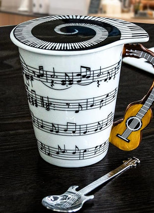 Guitar Novelty Mug Unique Musical Gift Coffee Cup with Cool Music Themed Lid & Guitar Handle Design & Guitar Spoon, Great Gifts for Music Teachers,&guitarLoversfor Holidays,Fathers Day,Men,Woman