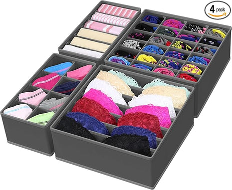 Simple Houseware 4-Pack Drawer Organizer Set - Closet Dividers for Underwear, Socks, Bras, Scarves, Ties - Foldable Non-Woven Storage Boxes, Dark Gray