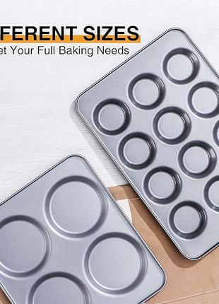 HONGBAKE Large Muffin Top Pan Set of 2, 4 Cup Nonstick Hamburger Bun Baking Pan, Jumbo Whoopie Pie Pan for Egg Sandwich, Cornbread, Layer Cake