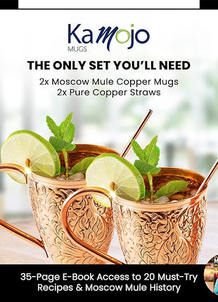 Copper Cups Set of 2 with Unique Handcrafted Embossed Design with Anti-Tarnish Food-Grade Coating - Moscow Mule Copper Mugs Gift Set with 2 Straws & Recipe E-Book, 16 oz