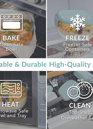 Bentgo Glass All-in-One Salad Container - Large 61-oz Salad Bowl with Lid, 4-Compartment Bento-Style Tray, 3-oz Sauce Container & Reusable Fork - Dishwasher, Microwave, Oven Safe (Coastal Seaglass)