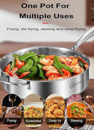 LOLYKITCH 8-10 Inch Tri-ply Stainless Steel Fry Pans and 6 QT Sauté Pan with Lid,Induction Cookware Set,Dishwasher and Oven Safe,Detachable Handle