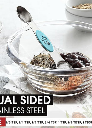 Spring Chef Stainless Steel Magnetic Measuring Spoons Set of 8 with Leveler, Metal Teaspoon & Tablespoon Measuring Spoons with Strong Magnets, Kitchen Gadgets for Baking & Cooking - 2 Pack - Aqua Sky