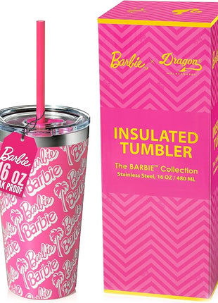 Dragon Glassware x Barbie Vacuum Insulated Tumbler with Lid and Straw - 16 oz Tumbler Cup with 2 Straws - Stainless Steel Tumbler with Straw for Water, Iced Tea - Travel Coffee Tumbler - Classic