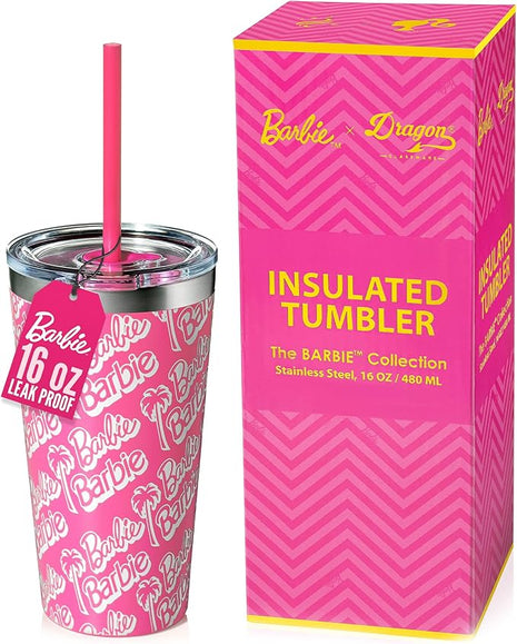Dragon Glassware x Barbie Vacuum Insulated Tumbler with Lid and Straw - 16 oz Tumbler Cup with 2 Straws - Stainless Steel Tumbler with Straw for Water, Iced Tea - Travel Coffee Tumbler - Classic