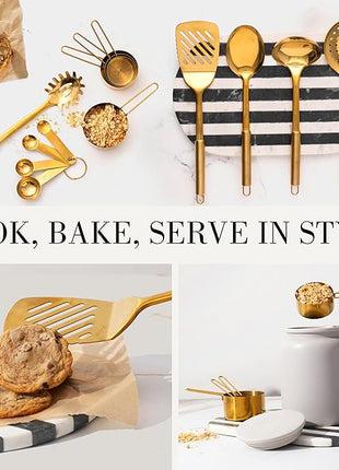 Gold Cooking Utensils with Measuring Cups and Spoons Set - 13-Piece Luxury Gold Kitchen Accessories Includes Metal Measuring Cups and Spoons for Baking, Cooking, and Elegant Kitchen Decor
