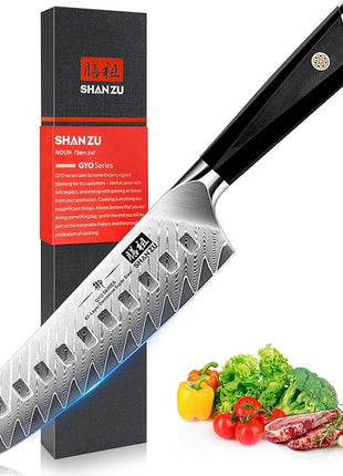 SHAN ZU Damascus Chef Knife Santoku Knife 7 Inch Professional Multifunction Kitchen Knives, 67 Layers Damascus Stainless Steel 10Cr15CoMoV Super Sharp Cooking Knife with G10 Handle/Gift Box