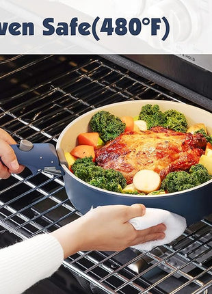 SENSARTE 17 Piece Ceramic Pots and Pans Set, Nonstick Detachable Handle Cookware, Induction Kitchen Cookware Set with Removable Handle, Dishwasher ＆ Oven Safe (Navy)