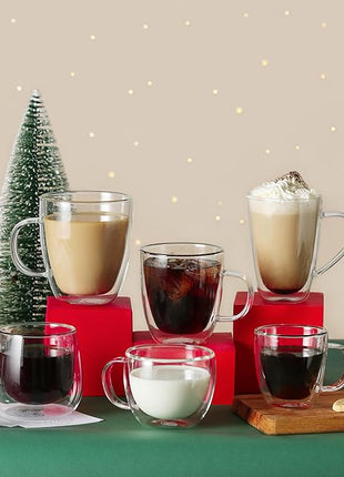 CNGLASS 8oz Double Wall Glass Coffee Mugs,Clear Insulated Espresso Glass Mugs with Handle for Latte,Cappuccino,Coffee,Set of 4