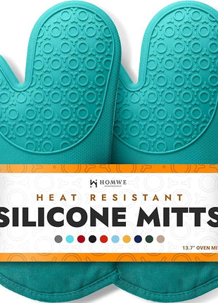 BPA-Free Soft Silicone Oven Mitts - Ultra Heat Resistant Oven Mitts with Thick Cotton Liner - Long Slip Resistant Pot Holders, Flexible Oven Gloves - Turquoise 13.7"