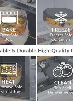 Bentgo Glass All-in-One Salad Container - Large 61-oz Salad Bowl with Lid, 4-Compartment Bento-Style Tray, 3-oz Sauce Container, and Reusable Fork - Dishwasher, Microwave, and Oven Safe (Dark Gray)