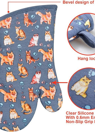 Oven Mitts Gloves 1 Pair Heat Resistant 480 ℉ Non Slip Clear Silicone Printed Cat Comfortable Cotton Lining Kitchen Men Cooking Barbecue Machine Washable (Cat, Blue Mitts)