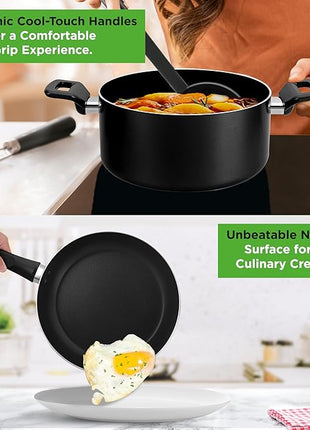NutriChef 13-Piece Nonstick Cookware - Heat Resistant Kitchen Ware Set w/Saucepan, Frying Pans, Cooking Pots, Casserole, Lids, Ladle, Fork, Strainer - NCCWA13, Black
