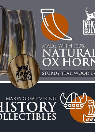 Viking Culture Ox Horn Mug, Shot Glass, and Bottle Opener (3 Pc Set) Authentic 16-oz. Ale, Mead, and Beer Tankard | Vintage Stein with Handle | Custom Intricate Design - Polished Finish | Wolf/Fenrir