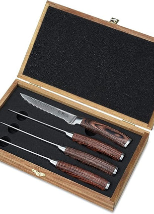 Wakoli EDIB 4-Piece Damascus Steak Knife Set – Professional Dining Kitchen Knives with VG10 Core Blades, 67-Layer Damascus Steel & Ergonomic Pakkawood Handles – Premium Steak Cutlery in Gift Box