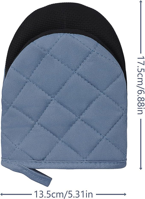 1 Pair Short Oven Mitts, Heat Resistant Silicone Kitchen Mini Oven Mitts for 500 Degrees, Non-Slip Grip Surfaces and Hanging Loop Gloves, Baking Grilling Barbecue Microwave Machine Washable (Sky Blue)