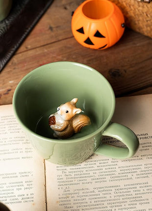 DIHOclub Squirrel Ceramic Cup Hidden 3D Animal Inside Mug,Cute Cartoon Handmade Figurine Mugs,Holiday and Birthday Gift for Coffee Milk Tea Lovers,12 OZ(Light Green)