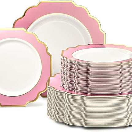 " OCCASIONS " 120 Plates Pack,(60 Guests) Heavyweight Premium Wedding Party Disposable Plastic Plates Set -60 x 10.5'' Dinner + 60 x 8'' Salad/Dessert(Imperial in Light Pink & Gold)