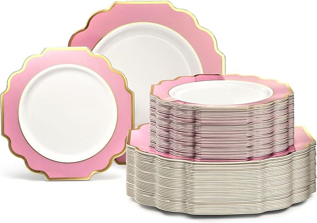 " OCCASIONS " 120 Plates Pack,(60 Guests) Heavyweight Premium Wedding Party Disposable Plastic Plates Set -60 x 10.5'' Dinner + 60 x 8'' Salad/Dessert(Imperial in Light Pink & Gold)