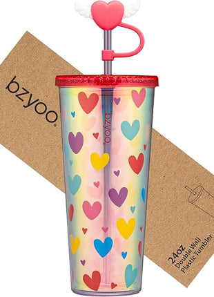 bzyoo 24 oz SIP Tumbler with Heart-Shaped w/Wing Straw Cap Cover – Cute Heart Design Iridescent Tumbler, BPA-Free Cup with Lid and Straw, Perfect for Iced Coffee, Tea, Party and Gift