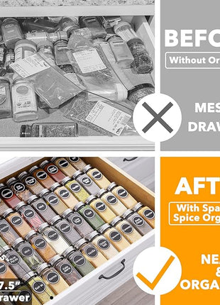 SpaceAid Spice Drawer Organizer with 44 Spice Jars, 386 Spice Labels, 4 Tier Seasoning Rack Tray Insert for Kitchen Drawers, 20.25" Wide x 17.5" Deep