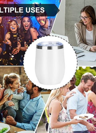 MEZMUT 12 Oz Insulated Wine Tumbler with Lid Double Wall Vacuum Stainless Steel Wine Glass Coffee Mug Insulated Tumbler Cup for Champaign, Cocktail, Beer (White, 1 Pack)