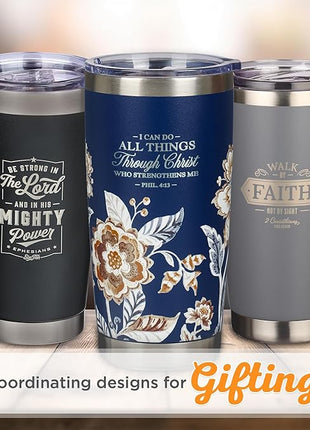 Christian Art Gifts Stainless Steel Double Wall Vacuum Insulated Travel Mug 18 oz Gray Bible Verse Tumbler with Retractable Lid for Men & Women - Walk by Faith - 2 Corinthian 5:7