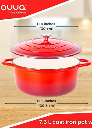 Cast Iron Dutch Oven with Lid – Non-Stick Ovenproof Enamelled Casserole Pot – Sturdy Dutch Oven Cookware – Red, 7.3-Quart, 30cm – by Nuovva