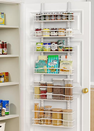 Moforoco White 6-Tier Over Door Pantry Organizer, Pantry Organization Storage, Door Metal Hanging Spice Rack Basket Shelves, Home Kitchen Apartment Essentials, Laundry Room Bathroom Organization