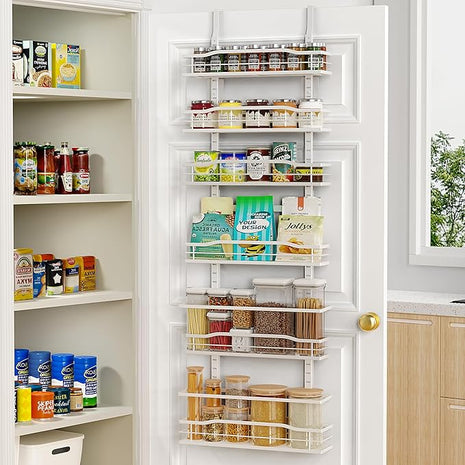 Moforoco White 6-Tier Over Door Pantry Organizer, Pantry Organization Storage, Door Metal Hanging Spice Rack Basket Shelves, Home Kitchen Apartment Essentials, Laundry Room Bathroom Organization