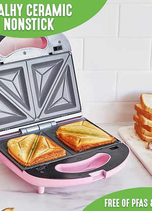 GreenLife Electric Waffle Sandwich Maker, Toaster, Panini Press with Healthy Ceramic Nonstick Plates, Perfect for Tuna Melts, Crispy Rice, Grilled Cheese, LED Indicator Light, PFAS-Free, Pink