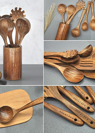 Wooden Spoons for Cooking,10 Pcs Natural Teak Wooden Kitchen Utensils Set Wooden Utensils for Cooking Wooden Cooking Utensils Wooden Spatulas for Cooking (10)