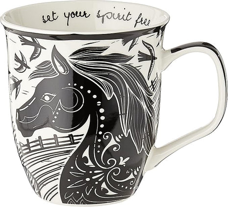Karma Gifts 16 oz Black and White Boho Mug Horse - Cute Coffee and Tea Mug - Ceramic Coffee Mugs for Women and Men