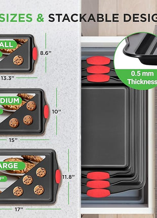 NutriChef 3-Piece Nonstick Kitchen Oven Baking Pans - Premium & Stylish Non-Stick Steel, Commercial Grade Restaurant Quality Metal Bakeware with Red Silicone Handles - Easy to Clean, NCSBS3S