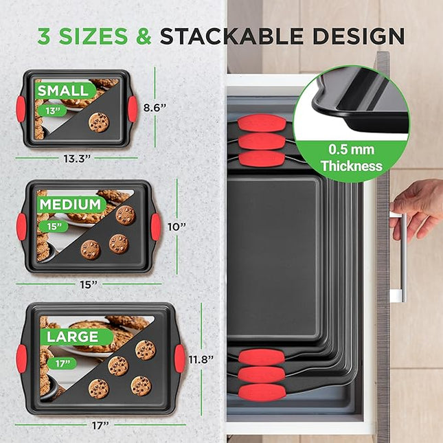NutriChef 3-Piece Nonstick Kitchen Oven Baking Pans - Premium & Stylish Non-Stick Steel, Commercial Grade Restaurant Quality Metal Bakeware with Red Silicone Handles - Easy to Clean, NCSBS3S