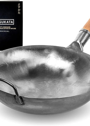YOSUKATA 14” Round Bottom Carbon Steel Woks and Stir Fry Pans – Unseasoned Pow Wok for Stir Fry, BBQ & Camping – Hand-Hammered Traditional Japanese and Chinese Pan – Gas Stove, Open Fire Only