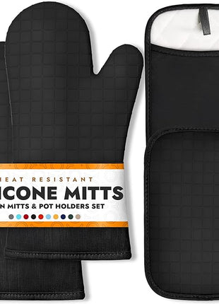 HOMWE Silicone Oven Mitts and Pot Holders for Kitchen & Baking - Set of 4 Heat-Resistant, Heavy-Duty Cooking Mittens w/Non-Slip, Textured Grip (Black)