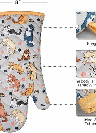 Oven Mitts Cotton Fashion Cute Cat Design 1pair Heat Resistant Oven Gloves Safe Cooking Baking Grilling Barbecue Machine Washable Pot Holders (Cat)