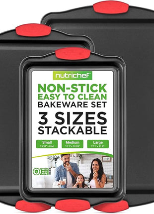 NutriChef 3-Piece Nonstick Kitchen Oven Baking Pans - Premium & Stylish Non-Stick Steel, Commercial Grade Restaurant Quality Metal Bakeware with Red Silicone Handles - Easy to Clean, NCSBS3S