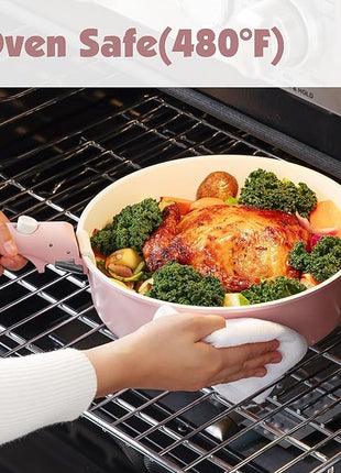 SENSARTE 17 Piece Ceramic Pots and Pans Set, Nonstick Detachable Handle Cookware, Induction Kitchen Cookware Set with Removable Handle, Dishwasher ＆ Oven Safe (Pink)