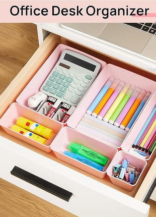 Vtopmart 44 PCS Plastic Drawer Organizers Set, 4-Size Versatile Bathroom and Vanity Organizer Trays, Non-Slip Storage Containers for Makeup, Jewelries, Bedroom，Kitchen Utensils and Office, Pink