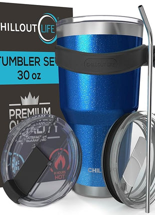 CHILLOUT LIFE Stainless Steel Travel Mug with Handle 30 oz – 6 Piece Set. Tumbler with Handle, Straw, Cleaning Brush & 2 Lids. Double Wall Insulated Large Coffee Mug Bundle (Blue Sparkle)