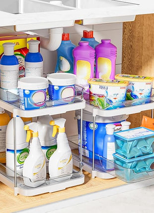 Delamu 2-Tier Multi-Purpose Bathroom Under Sink Organizers and Storage, Stackable Kitchen Pantry Organization, Pull Out Medicine Cabinet Organizer with Movable Dividers, White, 4Pack