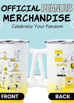 Silver Buffalo Peanuts Iconic Scenes Featuring Charlie Brown, Snoopy, Woodstock, Lucy, Sally, Linus & More Stainless Steel Tumbler w Handle, Straw, & Straw Cap, Fits in Standard Cup Holder, 40 Ounces