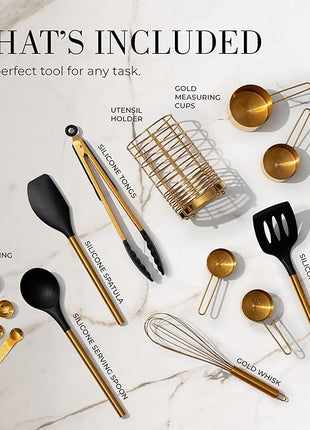 Styled Settings Black and Gold Kitchen Utensils Set - 15-Piece Nonstick BPA-Free Silicone Cooking Tools with Measuring Cups and Spoons - Luxury Kitchen Accessories for Stylish Cooking and Baking