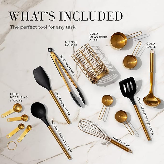 Styled Settings Black and Gold Kitchen Utensils Set - 15-Piece Nonstick BPA-Free Silicone Cooking Tools with Measuring Cups and Spoons - Luxury Kitchen Accessories for Stylish Cooking and Baking