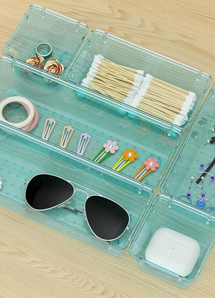 WOWBOX 6 Pack Clear Drawer Organizer Set, Acrylic Drawer Storage Trays, Storage Bins for Makeup, Cosmetics, Jewelries, Utensils, Gadgets, Office, Sea Blue