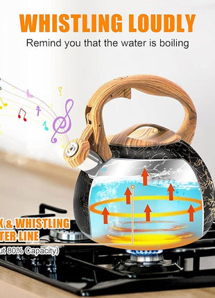 3.2Qt Whistling Tea Kettle for Stove Top, Food Grade Stainless Steel Wood Handle Teapot, Durable for Brewing Coffee, Tea, Milk, Suitable for All Heat Sources (Golden line)